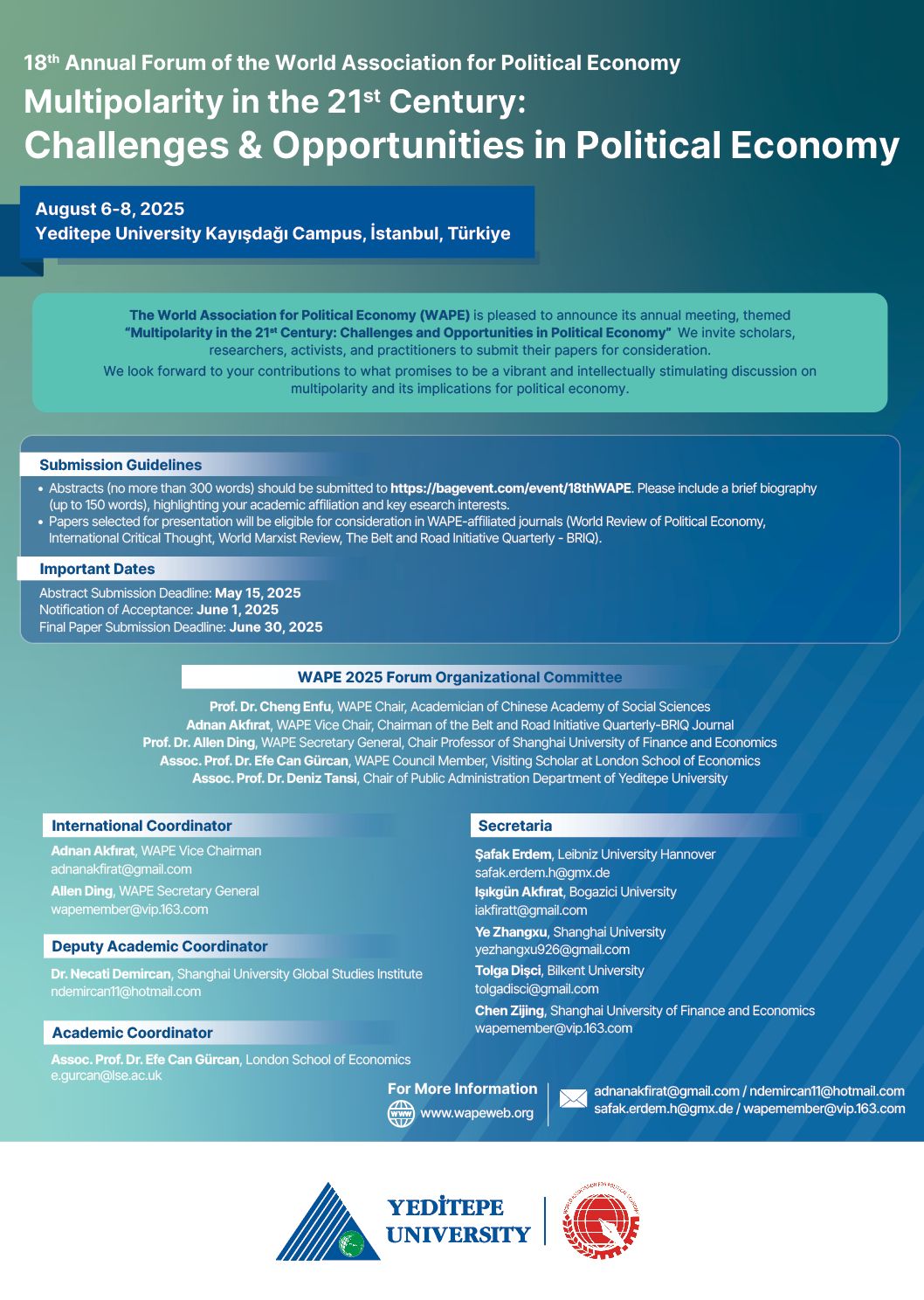 Yeditepe University will host the 18th Annual Forum of the World Association for Political Economy (WAPE)