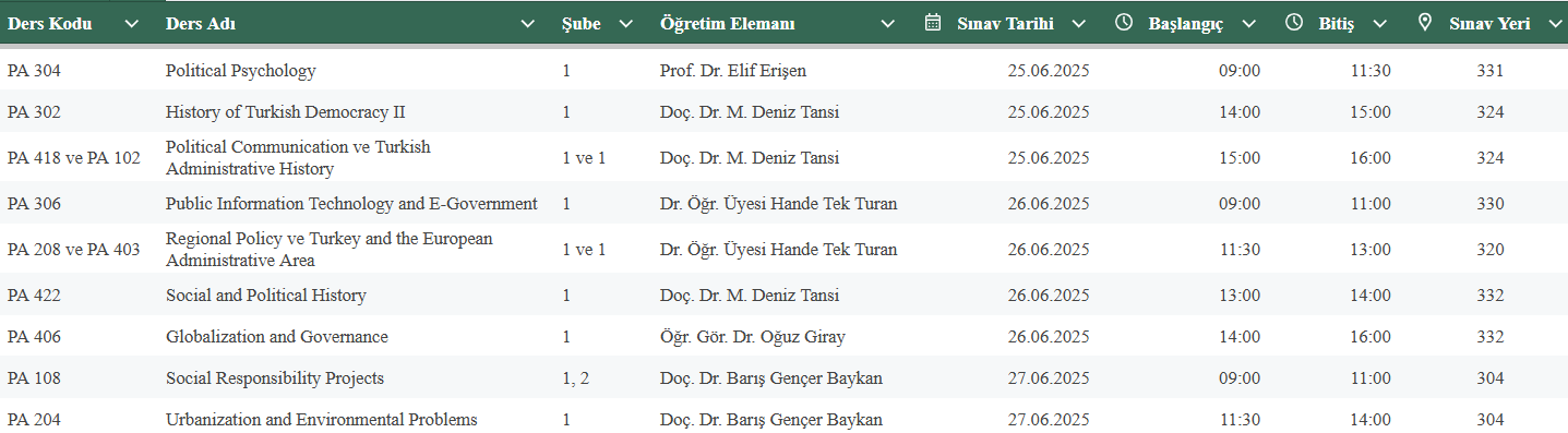 Bölümümüz 2025 Bahar Dönemi Bütünleme Sınav Takvimi
