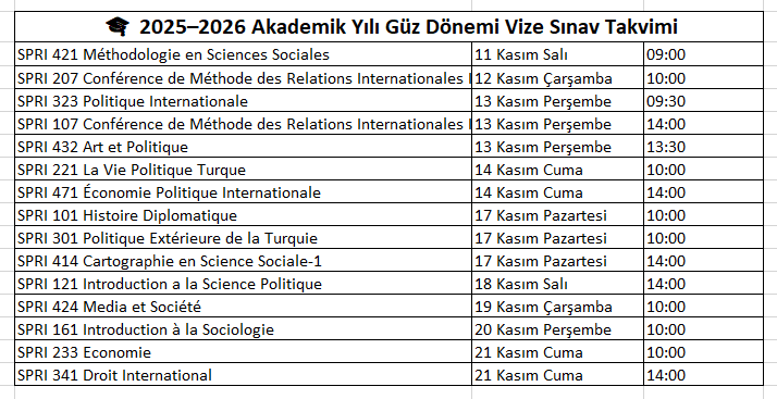 2025 Güz Vize Takvimi